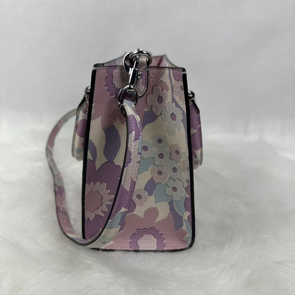 COACH Maggie Small Tote Bag Crossbody Floral Print In Leather Ivory/Purple CBM08 - Picture 2 of 11